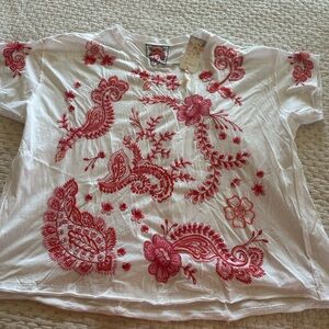 Johnny Was White Blouse with Pink Embellished Design